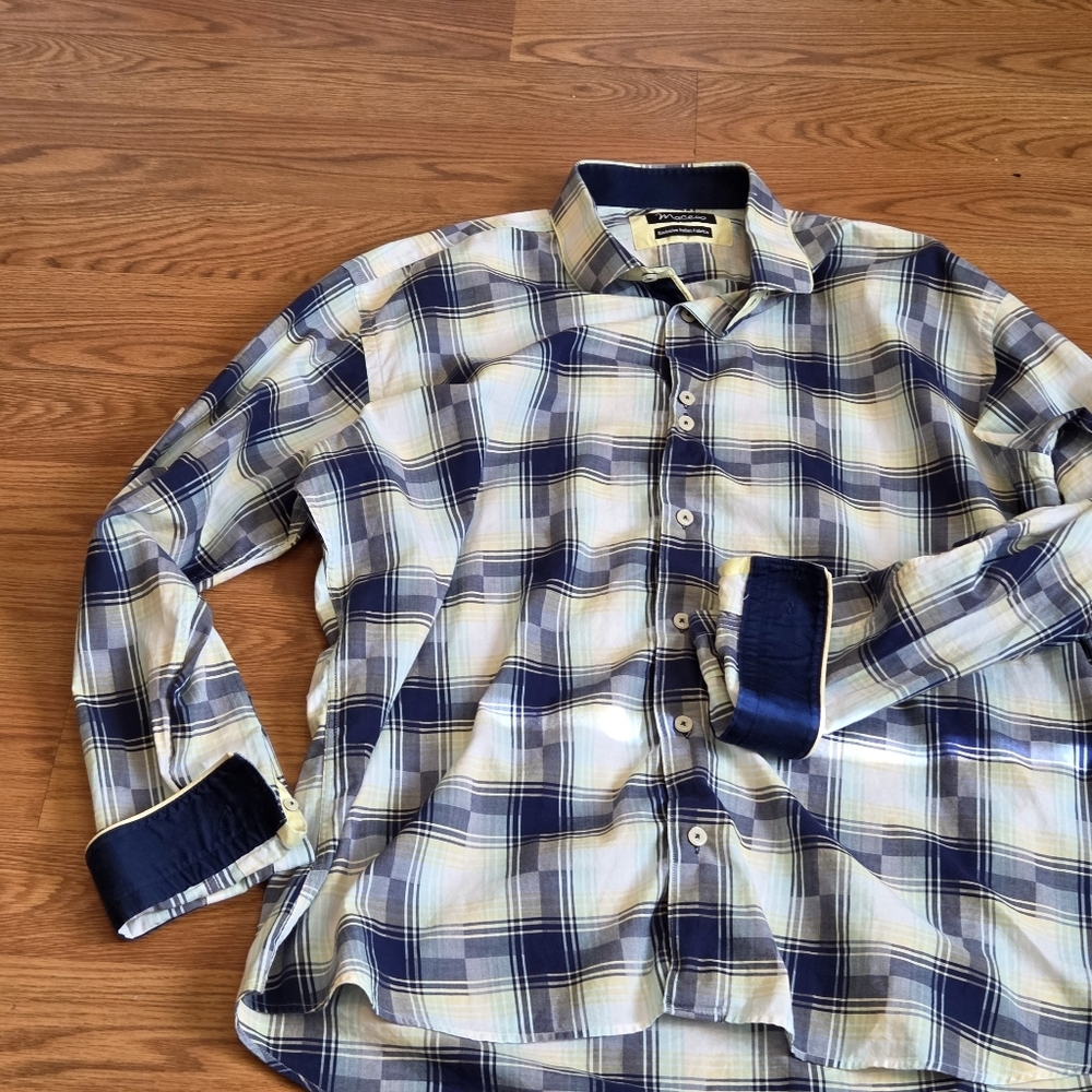 Maceoo Long Sleeve Button Down Shirt Mens L Yellow Italian Plaid Geometric Print - Picture 12 of 14